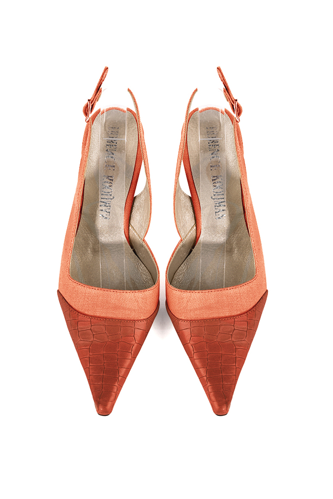 Women's terracotta orange and peach slingback dress shoes. Pointed toe. High spool heels - Top view